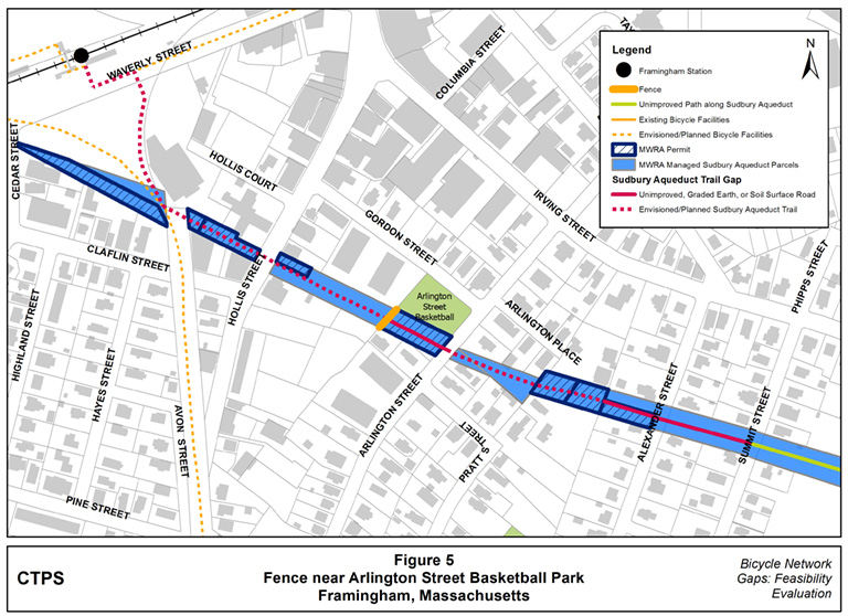 Figure 5 – Map illustrating where a fence is located near the Arlington Street Basketball Park, atop the Sudbury Aqueduct and blocking the proposed route of the aqueduct trail for bicyclists and pedestrians. Figure 5 – Map illustrating where a fence is located near the Arlington Street Basketball Park, atop the Sudbury Aqueduct and blocking the proposed route of the aqueduct trail for bicyclists and pedestrians.